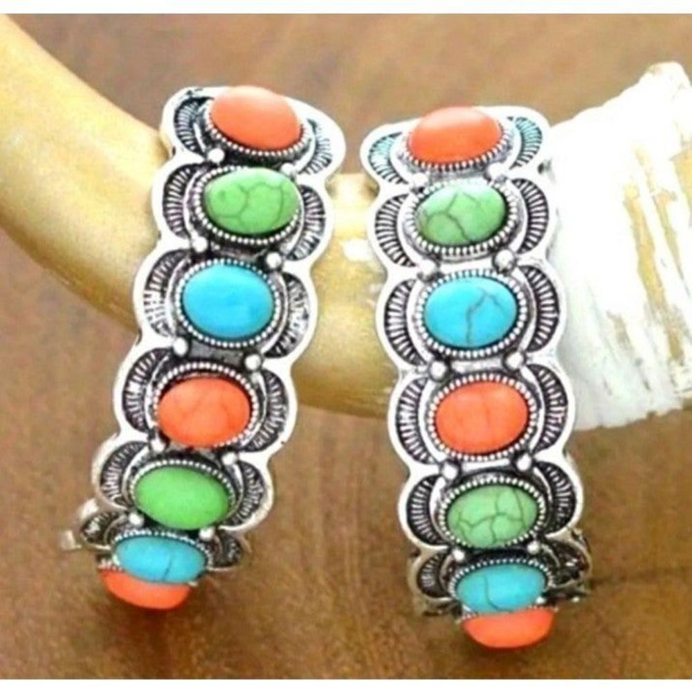 Ladies Vintage Western Style Large Turquoise C-Shaped Earrings For Women.